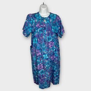 Vintage Ryoka Cooltouch Large Blue Purple Floral House Coat House Dress MuuMuu